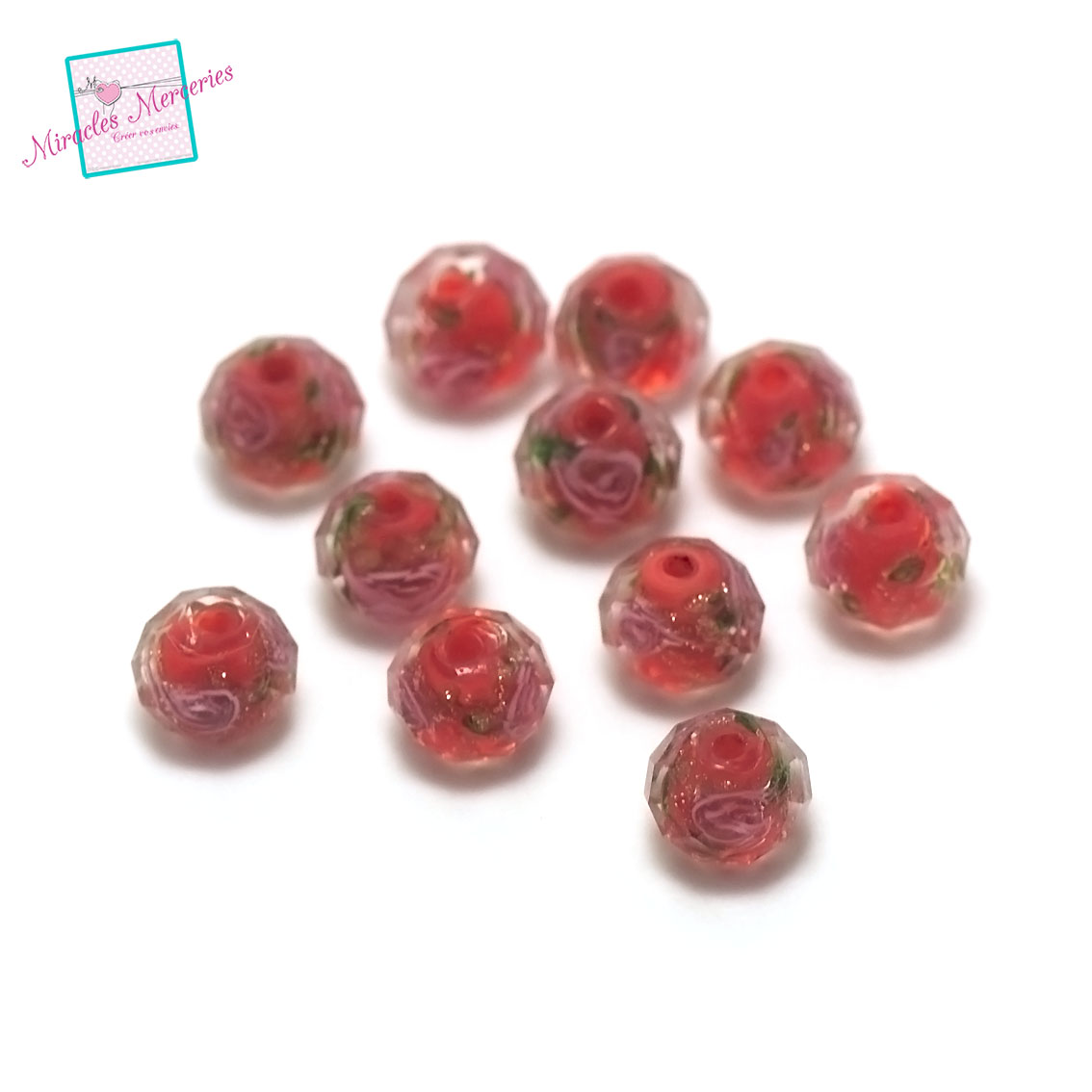 4 perles lampwork fleur en rondelle facettée 7x10 mm,rouge