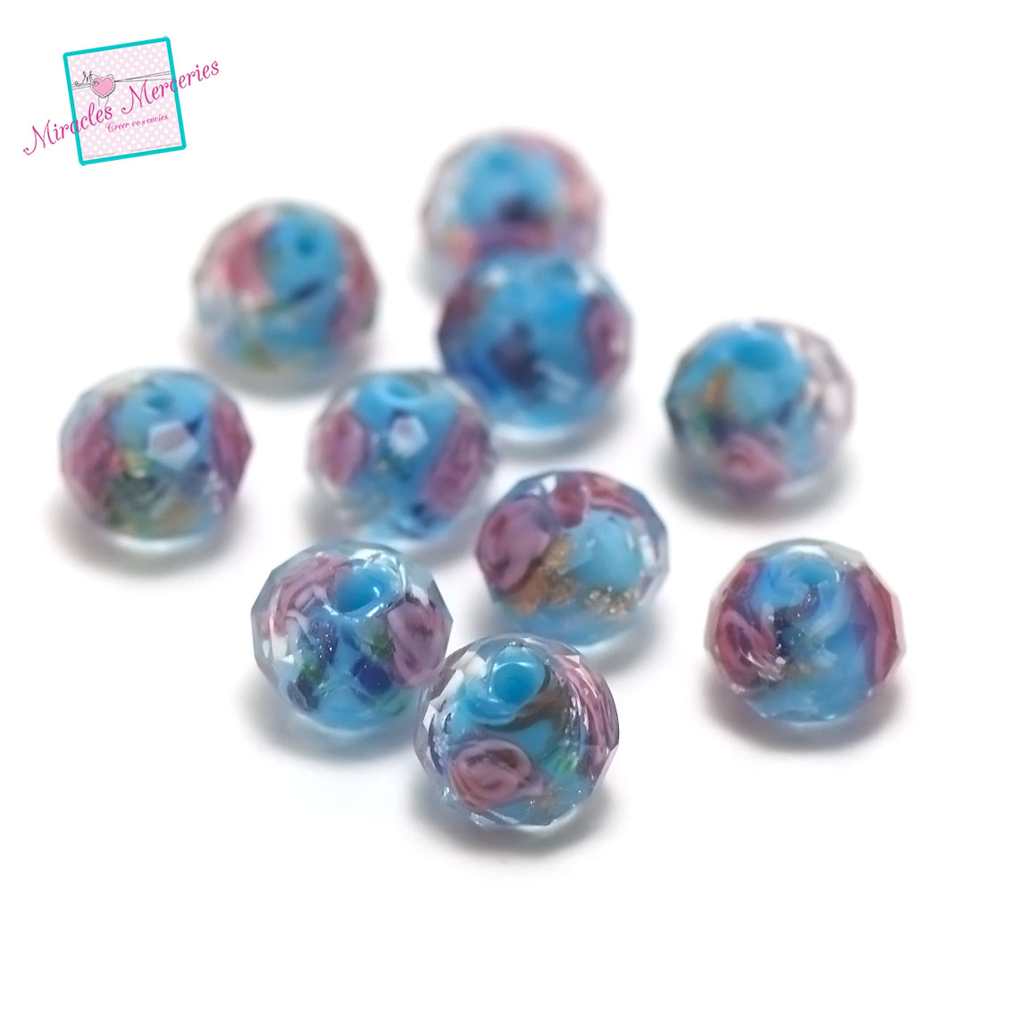 4 perles lampwork fleur en rondelle facettée 10x7 mm,bleu