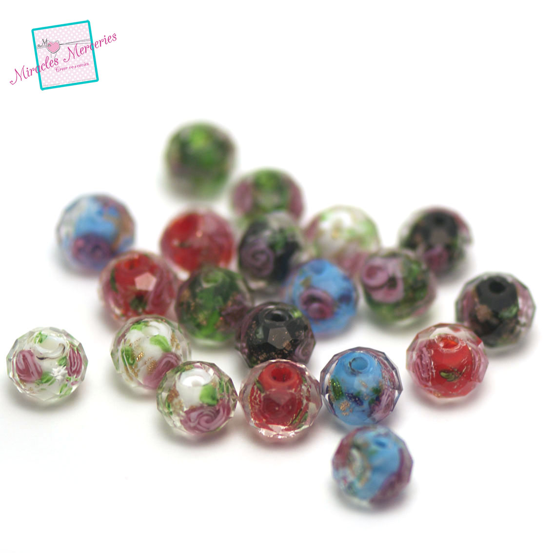 20 perles lampwork fleur en rondelle facettée10x7 mm,assortiment de couleurs