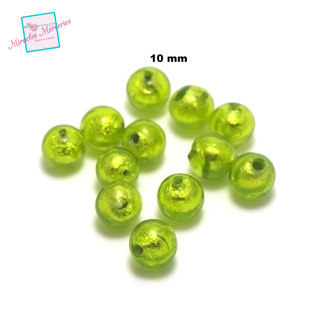 4 magnifiques perles ronde lampwork 10 mm, vert
