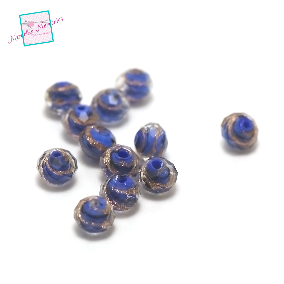 4 perles Lampwork vague en rondelle facettée 8x6 mm,bleu