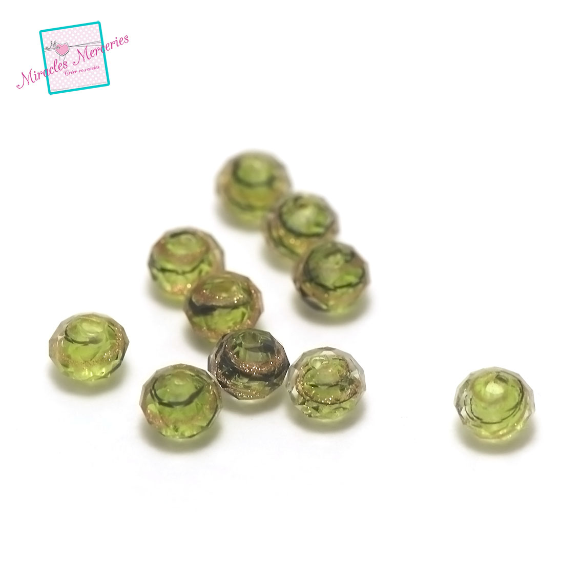 4 perles Lampwork vague en rondelle facettée 8x6 mm,vert