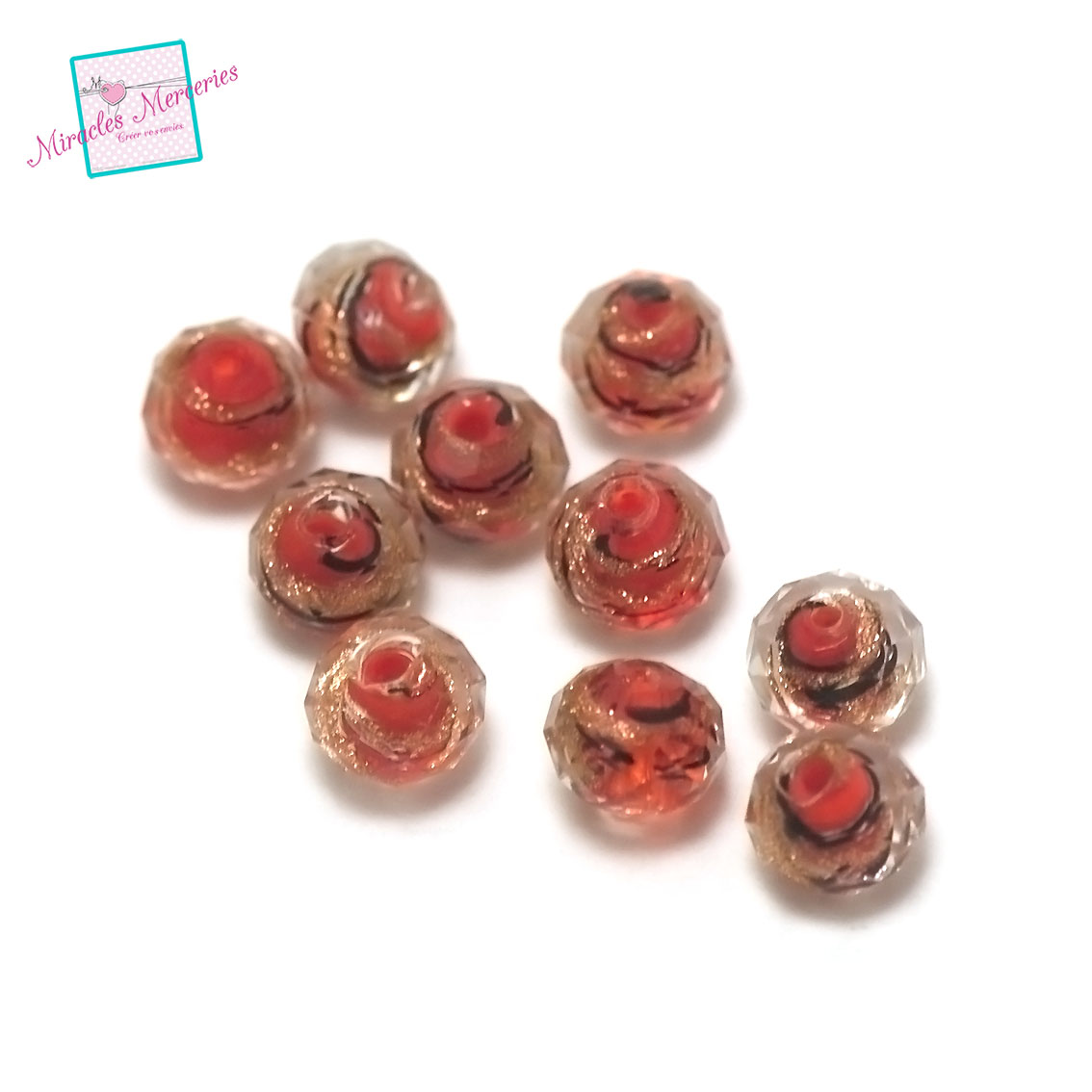 4 perles Lampwork vague en rondelle facettée 8x6 mm,rouge