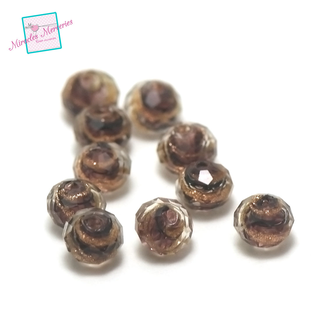 4 perles Lampwork vague en rondelle facettée 8x6 mm,marron