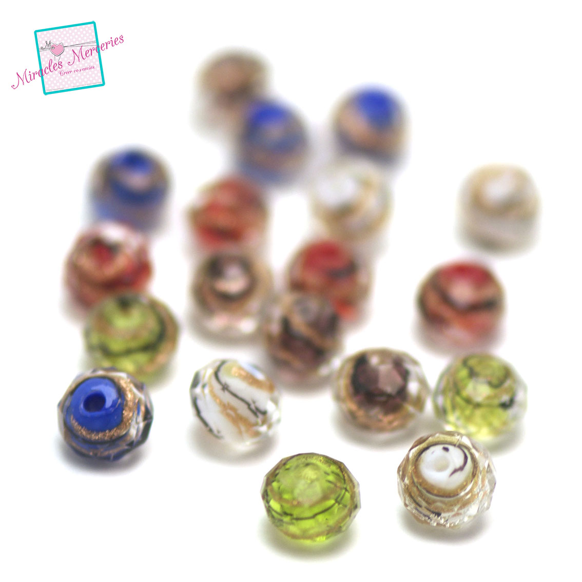 20 perles  Lampwork vague en rondelle facettée,assortiment de couleurs