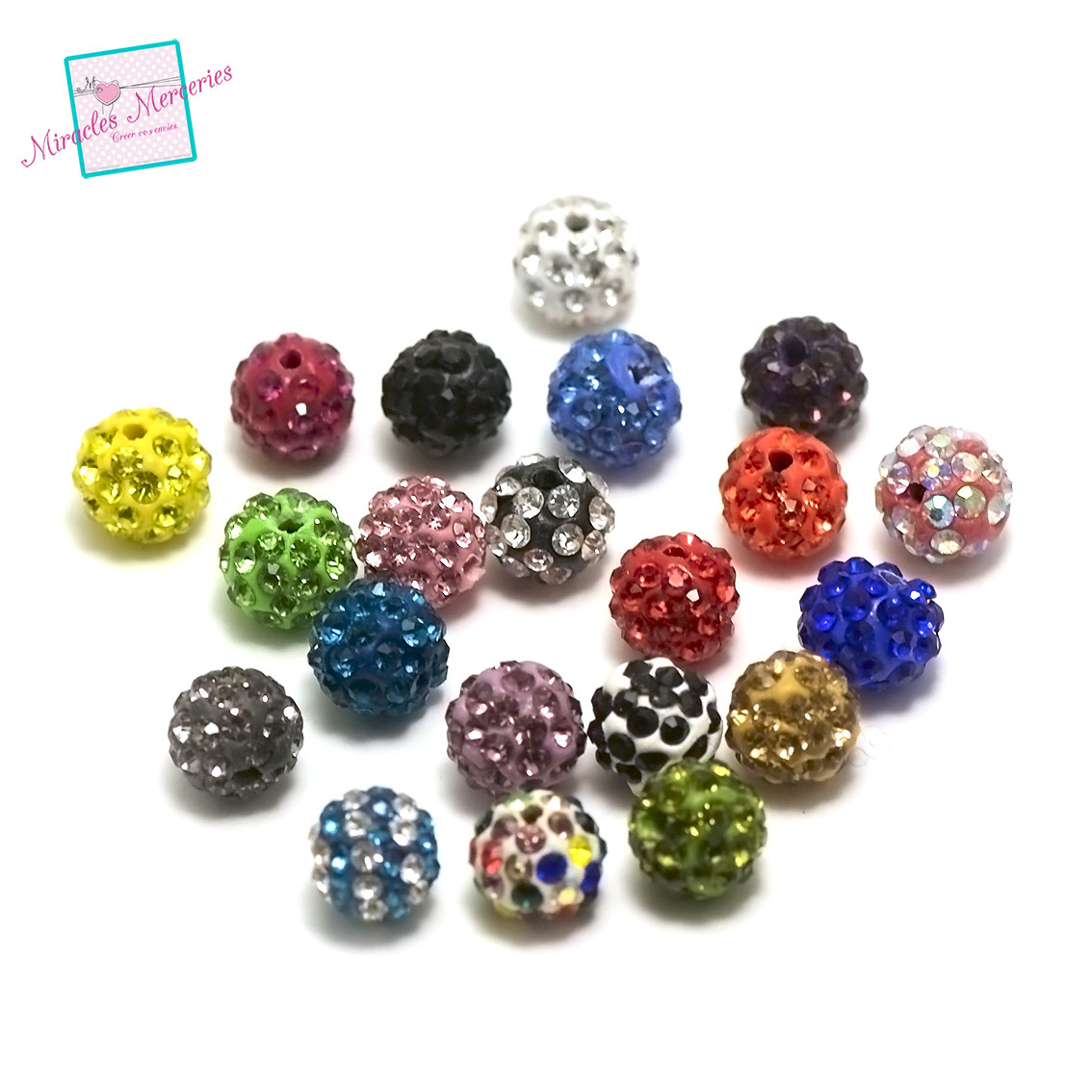 20 perles shamballa strass 10 mm,assortiment de couleur