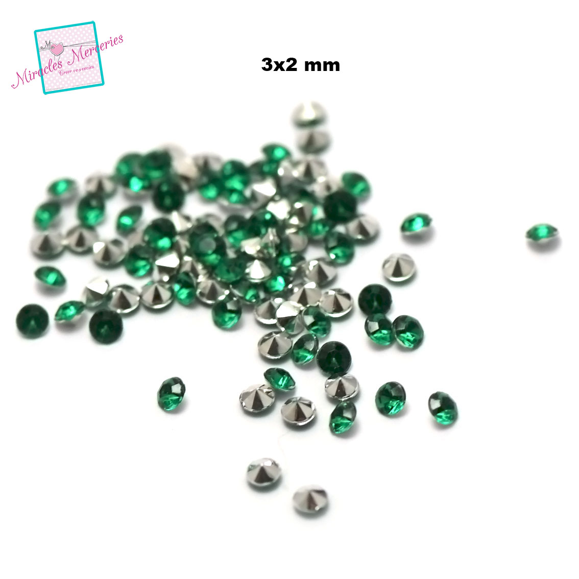 5 g de perles strass en verre à coller cône 3 mm, vert émeraude