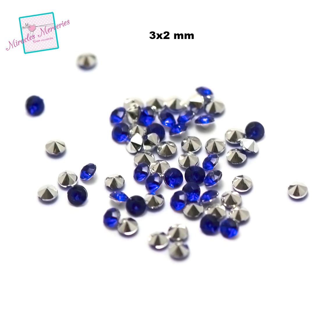 5 g de perles strass en verre à coller cône 3 mm, bleu sapphir