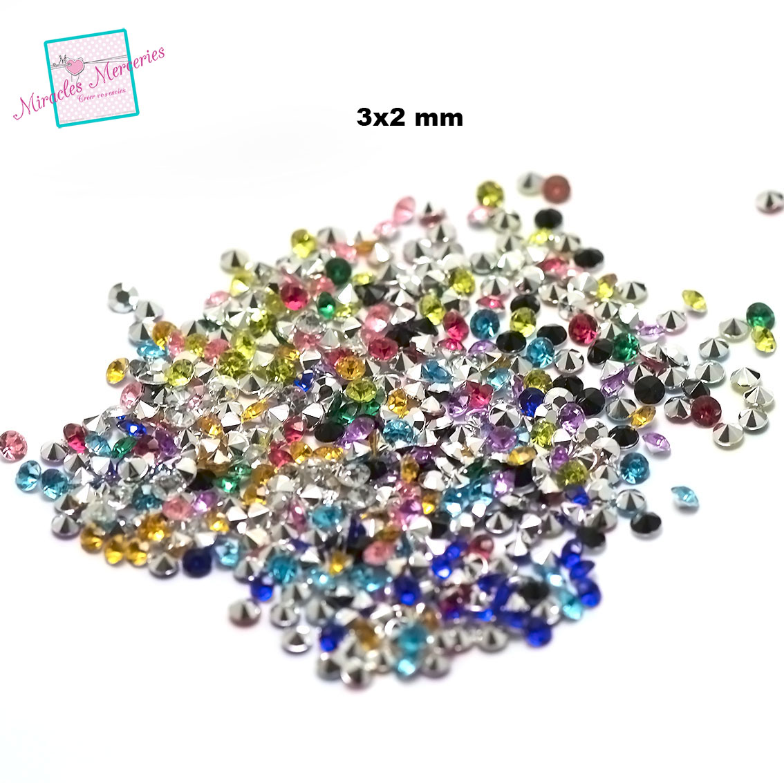 5 g de perles strass en verre à coller cône 3 mm, assortiment de couleurs,environ 530 perles