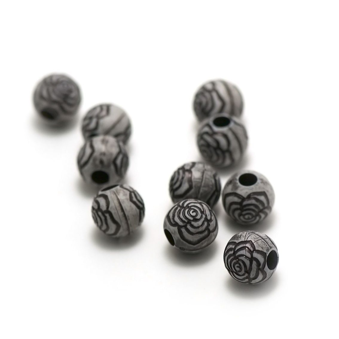 10 perles acryliques ronde14 mm, motif tribal noir sur fond gris