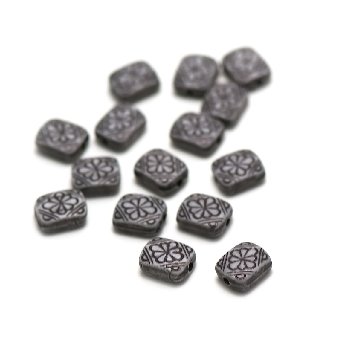 20 perles acryliques rectangle12 x10 x5 mm, motif tribal noir sur fond gris