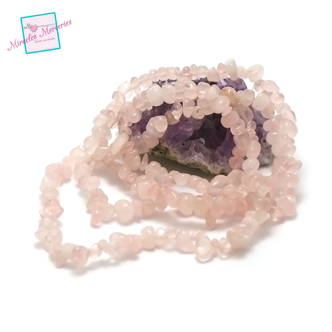 fil 84 cm env 300 perles de quartz rose chips,pierre naturelle