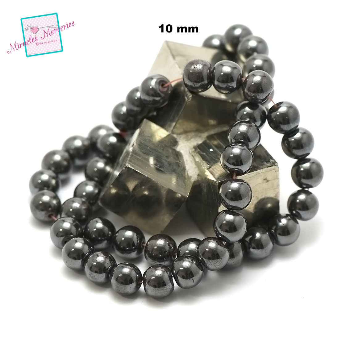 fil de 39 cm env 39 perles d\'hématite ronde 10 mm, pierre naturelle