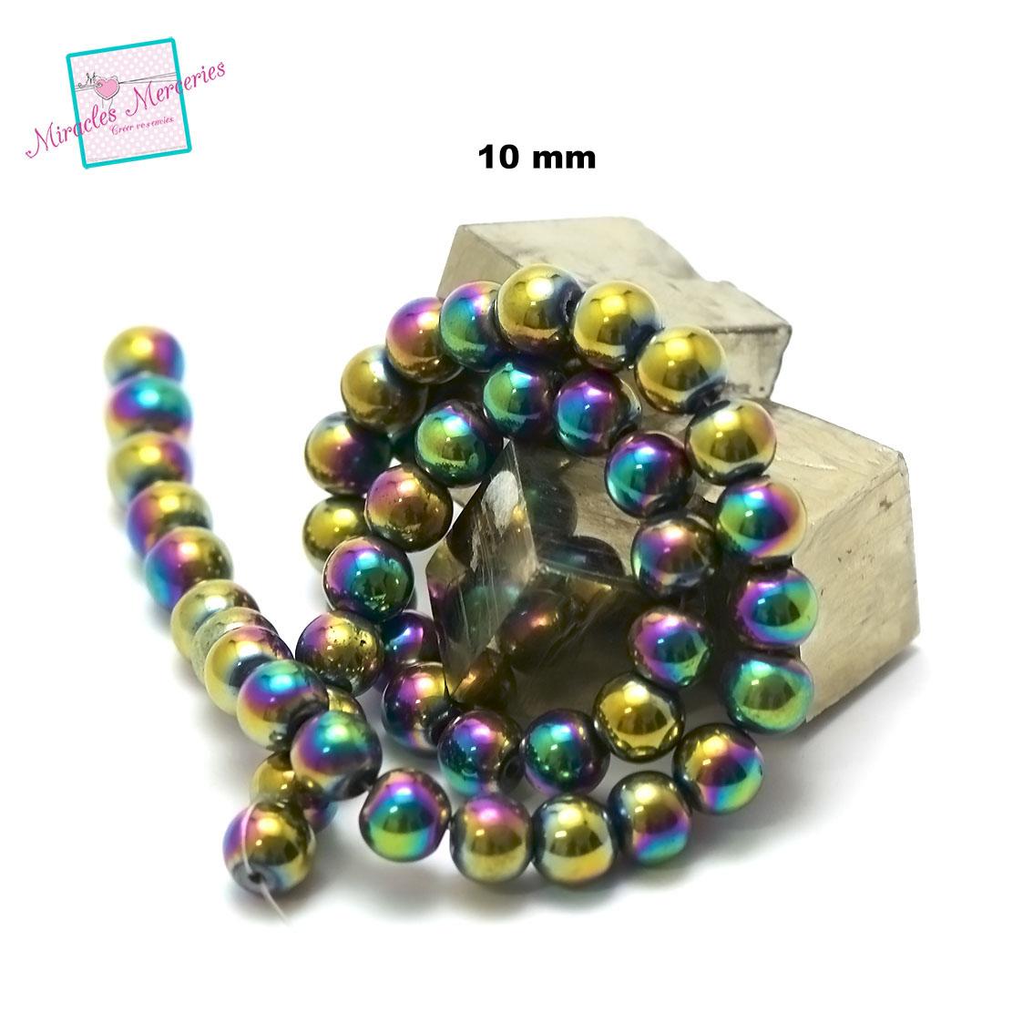 fil de 39 cm env 39 perles d\'hématite multicolore ronde 10 mm, pierre naturelle
