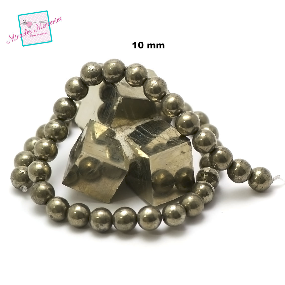 fil de 39 cm env 39 perles de pyrite ronde 10 mm, pierre naturelle