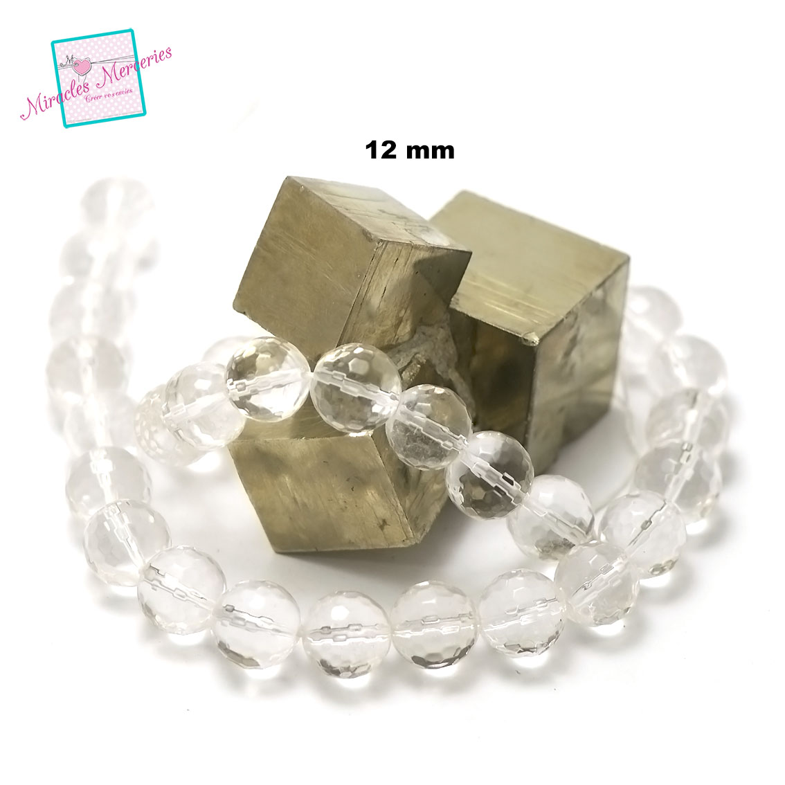fil de 39 cm env 32 perles de cristal de roche ronde facettée 12 mm