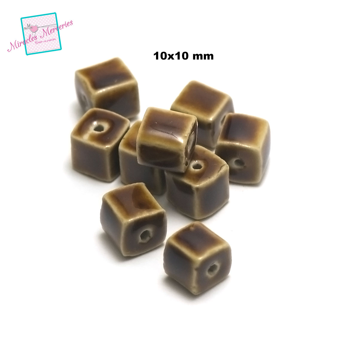 4 perles céramiques cube 10x10 mm marron