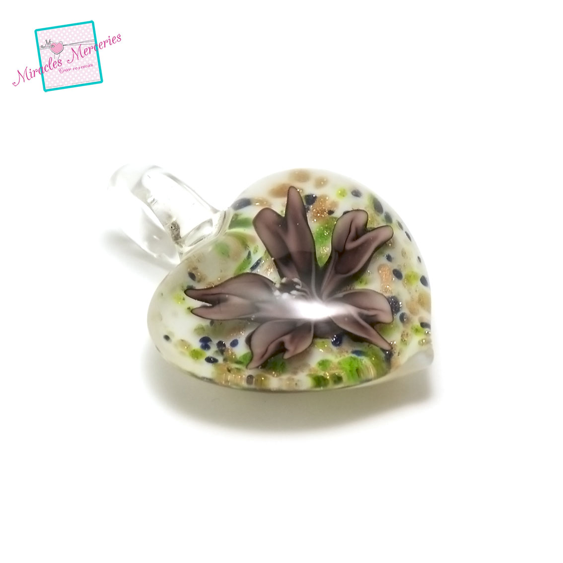 1 magnifique pendentif en verre Lampwork fleur8 ,mauve blanc/transparent