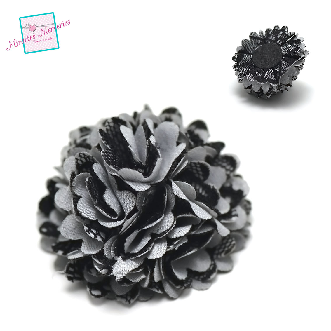 1 magnifique fleur en tissus 50x25 mm,noir/gris