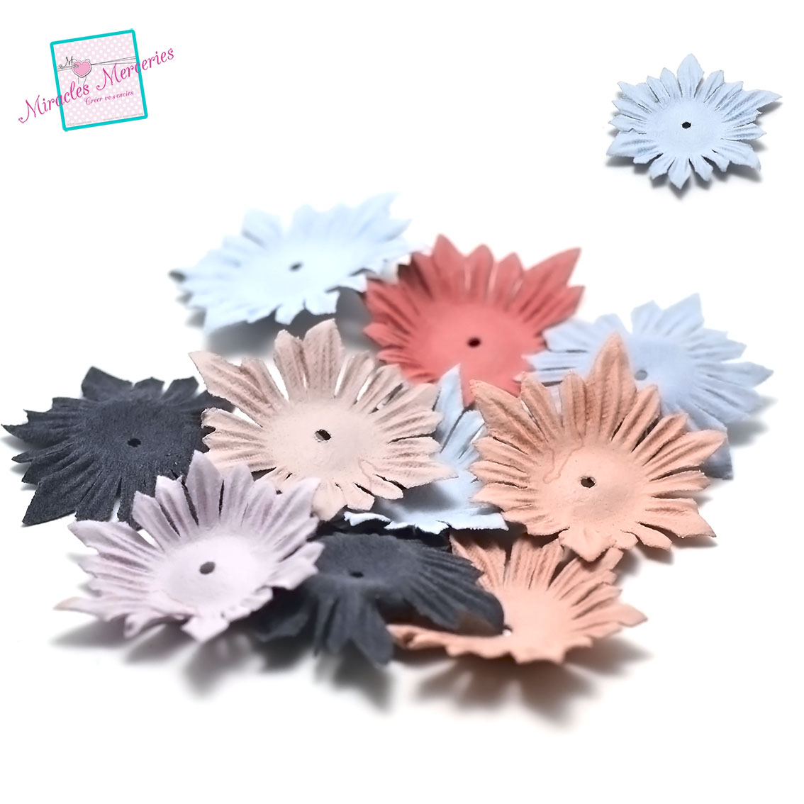 10 fleurs en simili cuir(aspect daim) 53x1 mm,assortiment de couleur