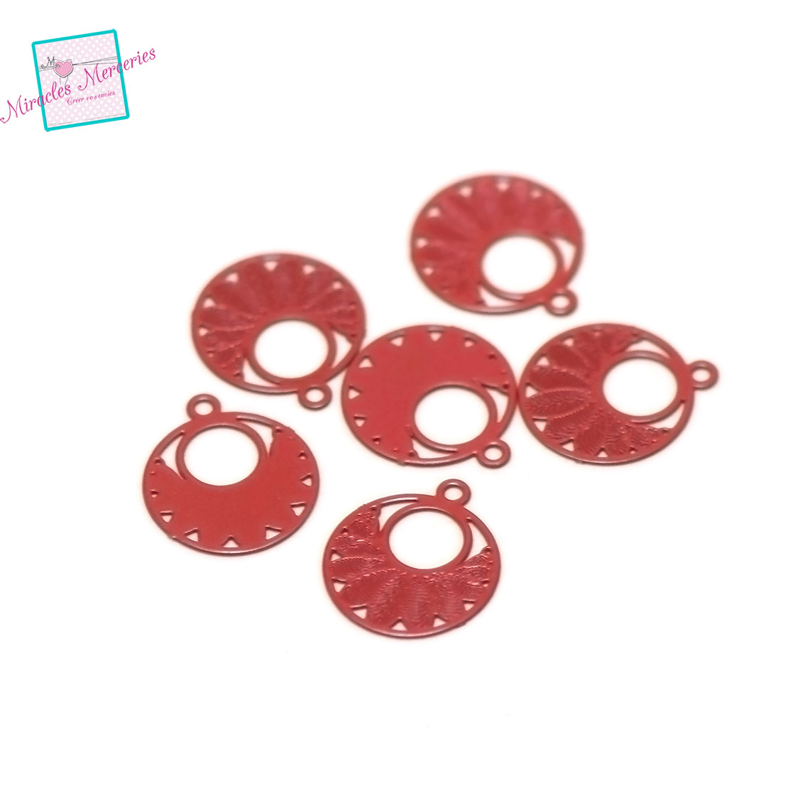 10 estampes/chandeliers filigranes métal cercle feuille 12 mm, laqué rouge 013