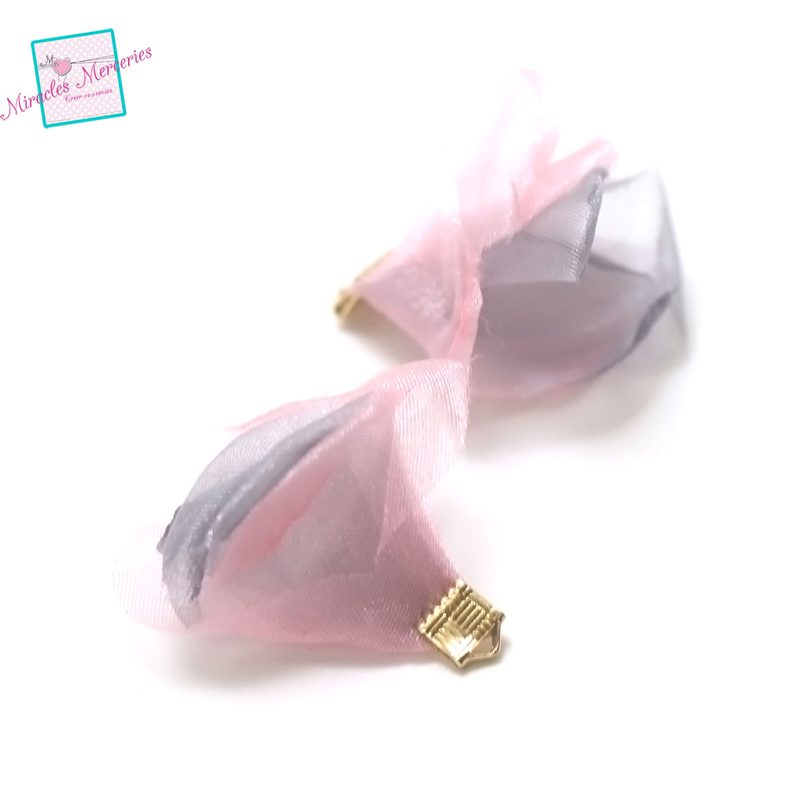 5 pompons en organza rose 30x29 mm, rose/gris