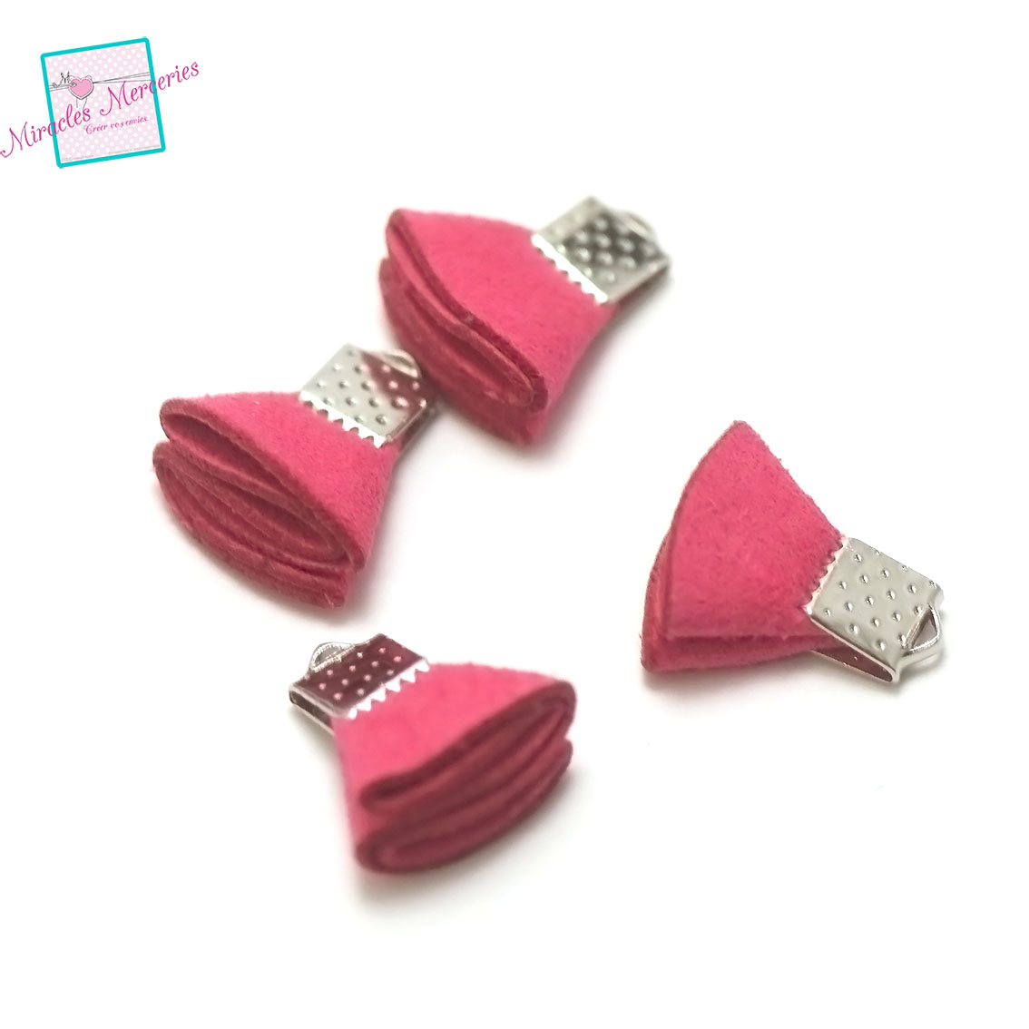 10 pompons suédines petite fleur 12x14 mm, fuchsia /tête argenté