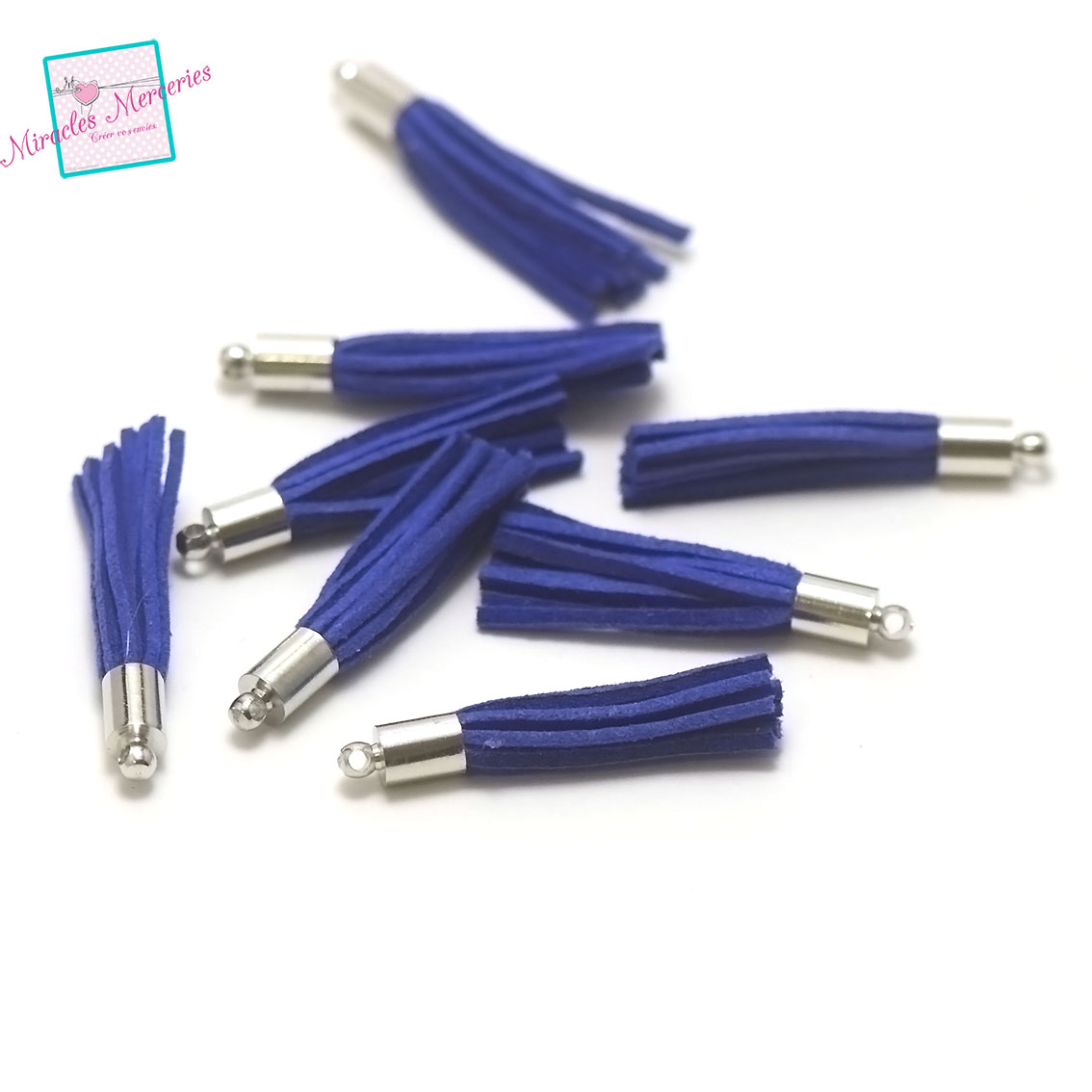 10 pompons suédine tête lisse fin 33 mm, bleu électrique