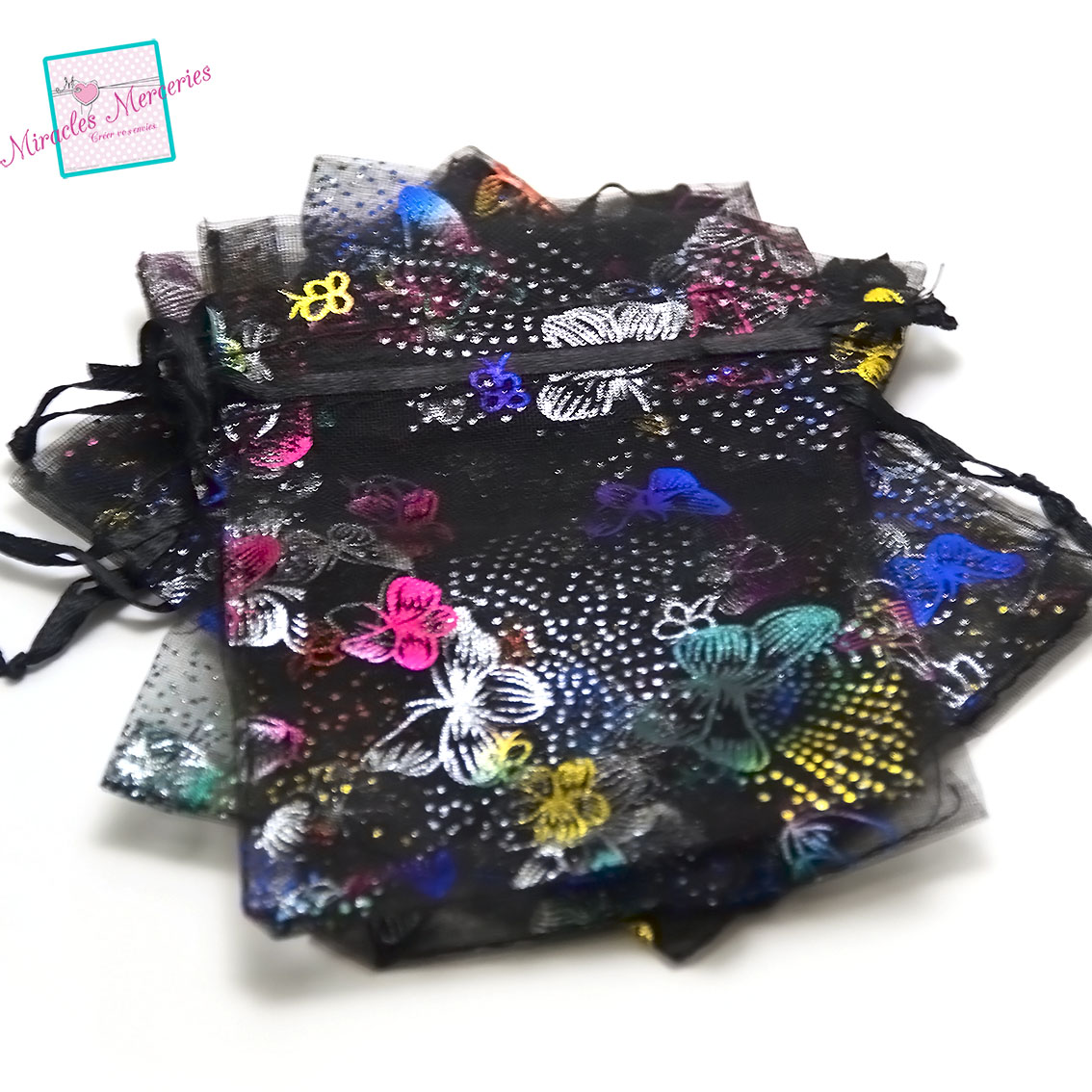 10 moyens pochettes cadeaux organza 140x95 mm motif, noir papillon multicouleur