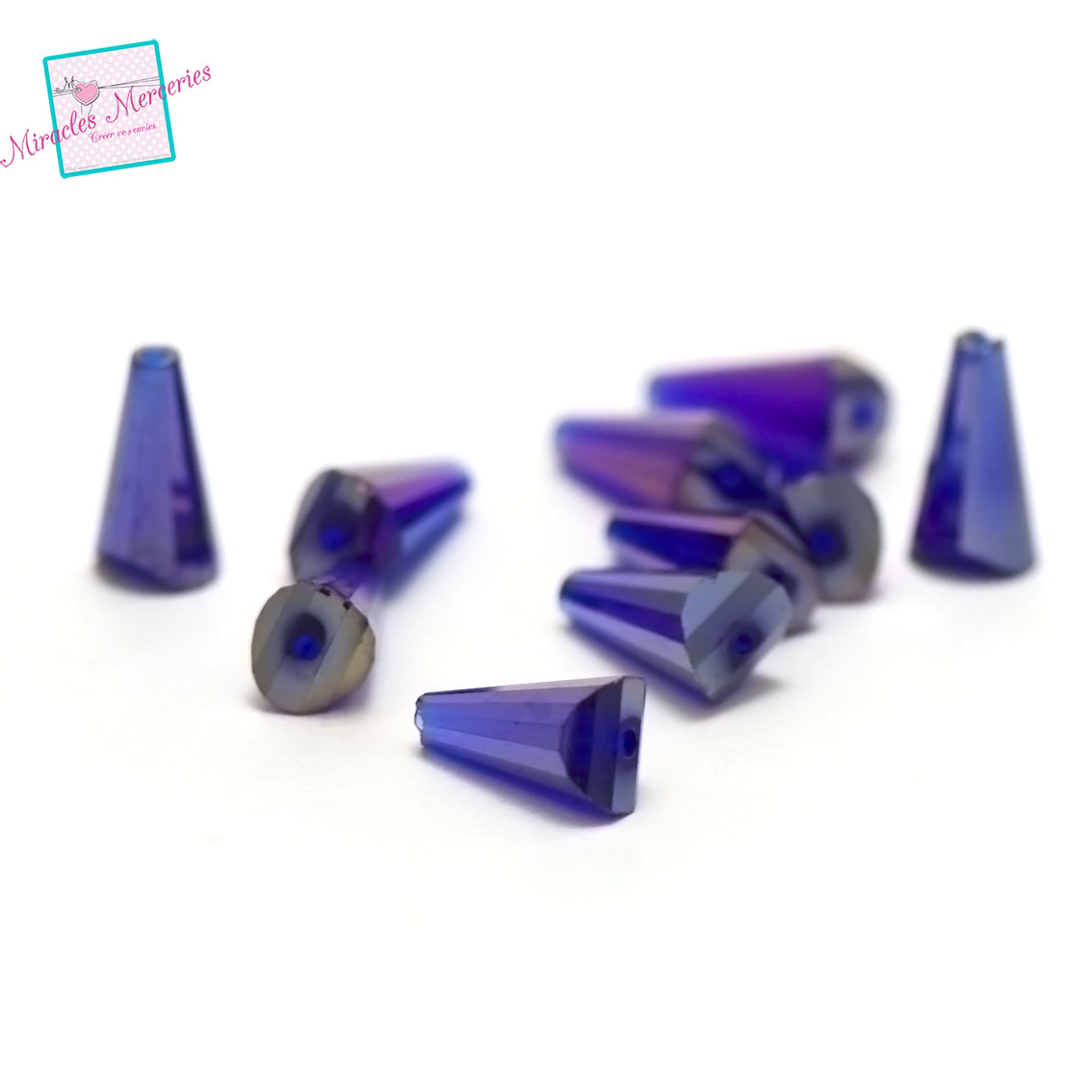 20 perles de cristal cône15x8x7 mm, bleu électrique irisé