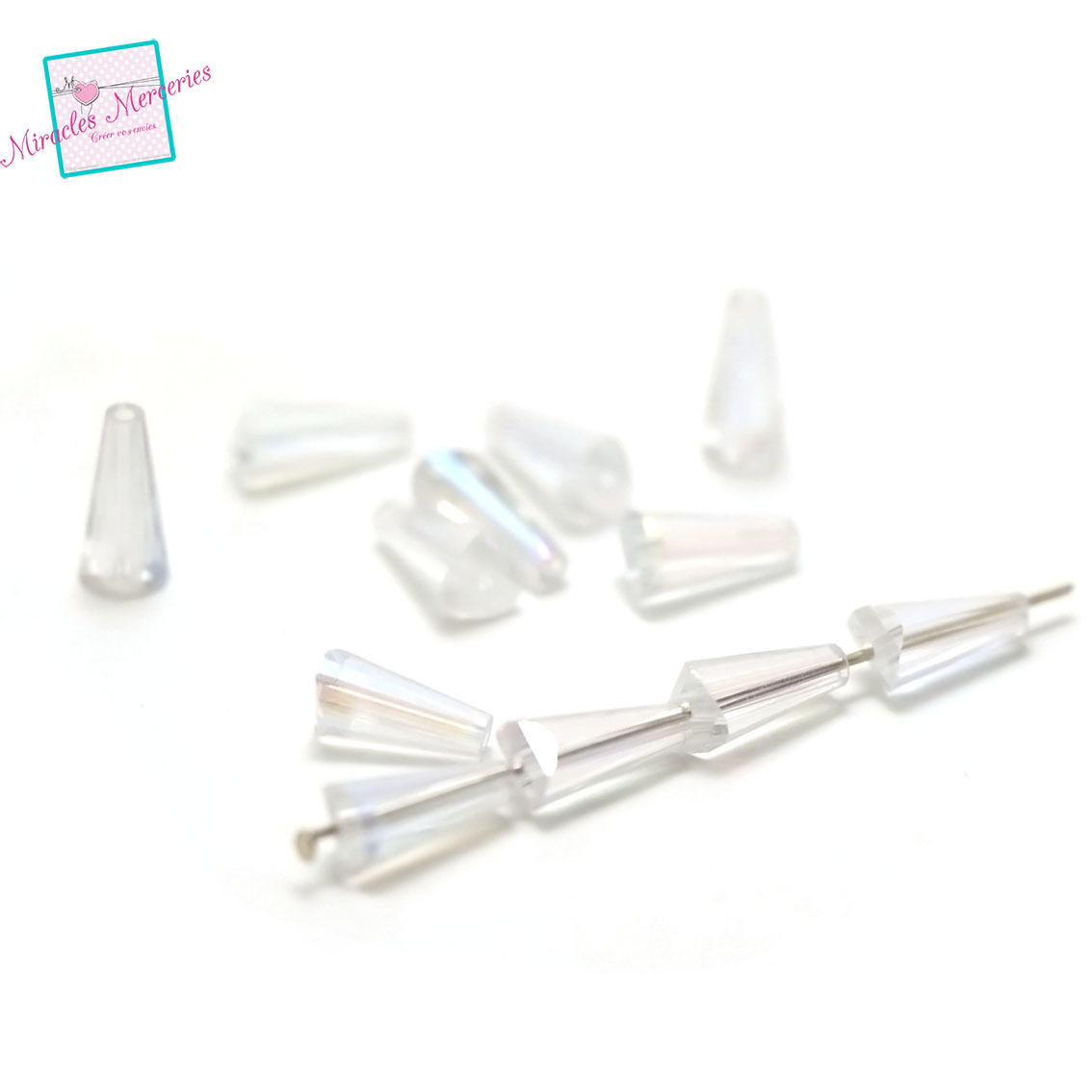 20 perles de cristal cône12x6x5 mm, blanc transparent irisé