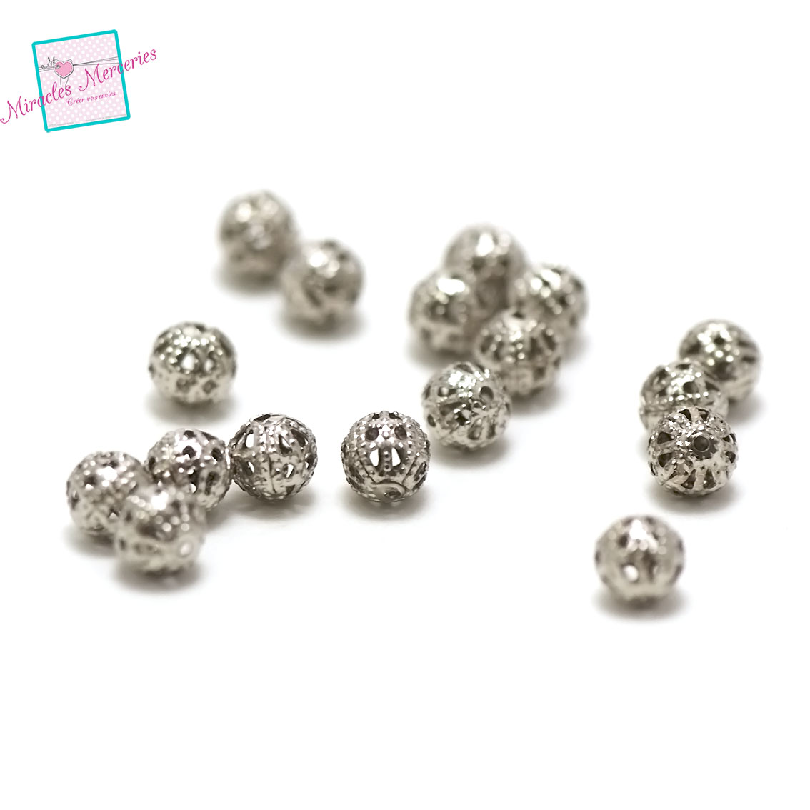 100 perles ronde filigrane 6 mm, argenté