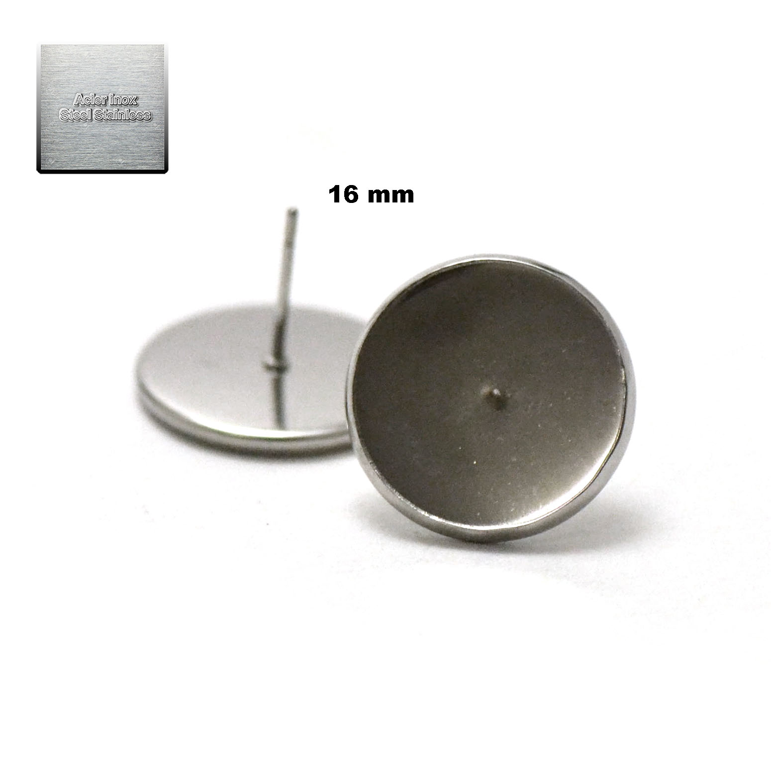 Acier inox: 10 puce d\'oreille support cabochon 16 mm, steel stainless