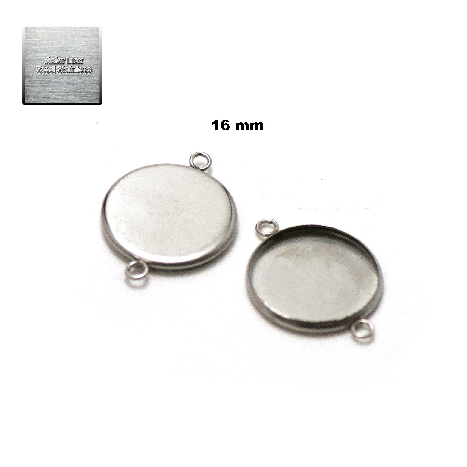 Acier inox: 10 connecteur support cabochon 16 mm, steel stainless