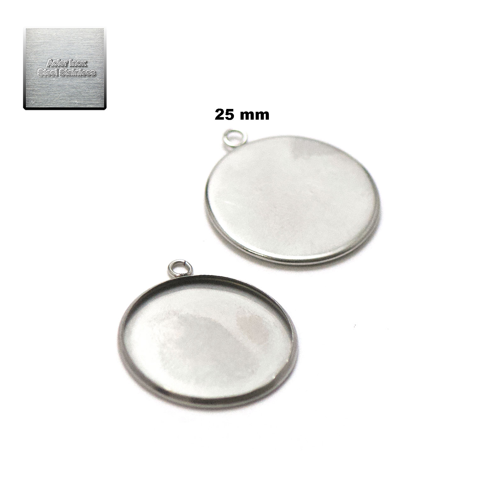 Acier inox: 10 pendentif support cabochon 25 mm, steel stainless