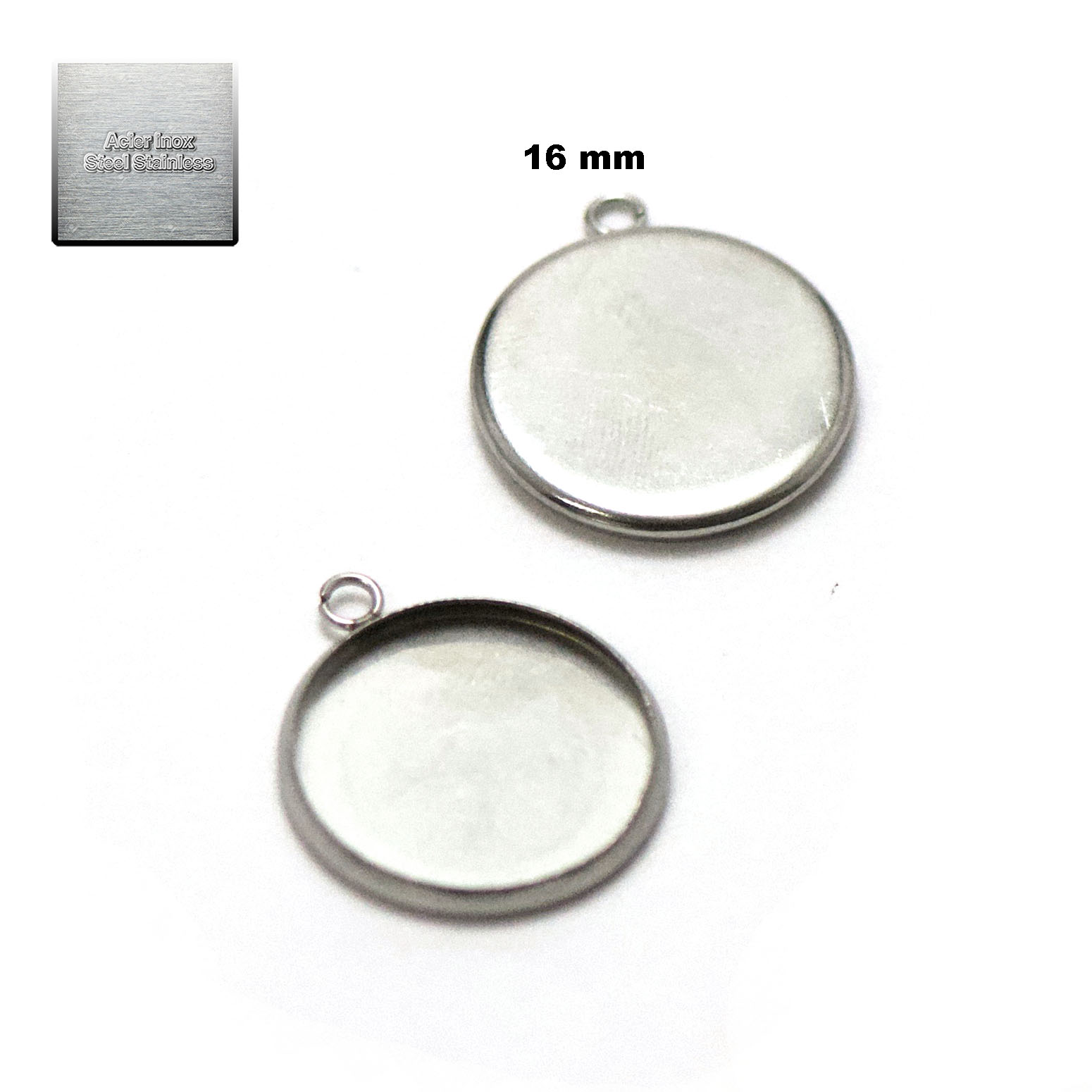 Acier inox: 10 pendentif support cabochon 16 mm, steel stainless