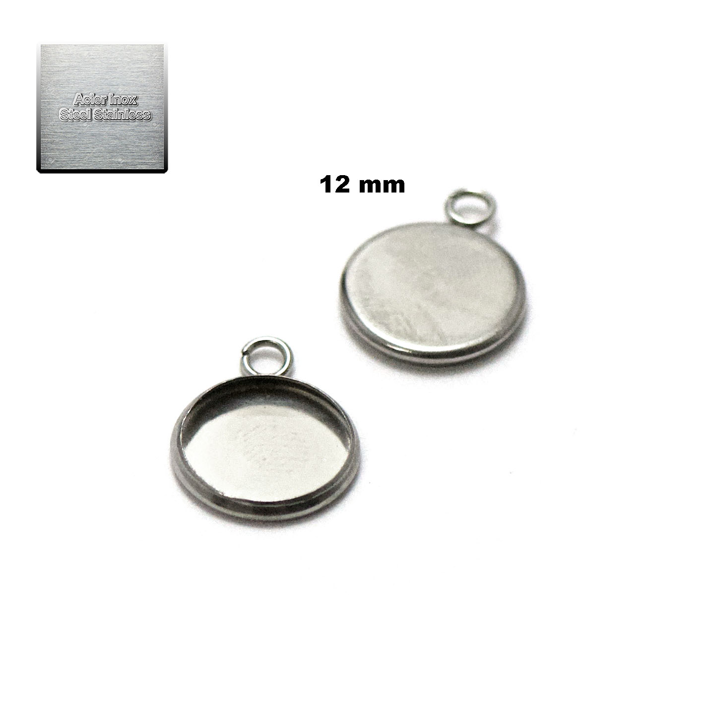 Acier inox: 10 pendentif support cabochon 12 mm, steel stainless