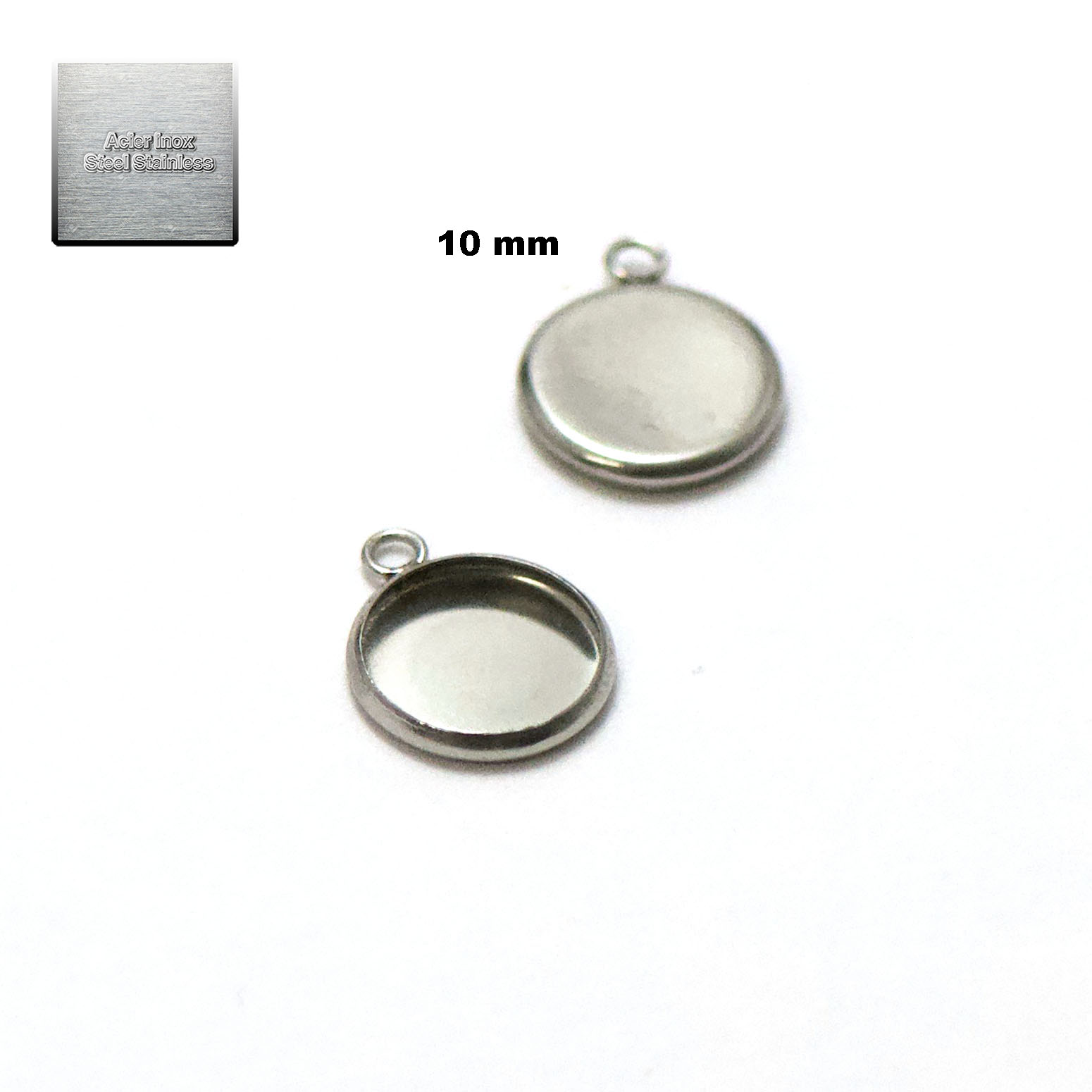 Acier inox: 10 pendentif support cabochon 10 mm, steel stainless