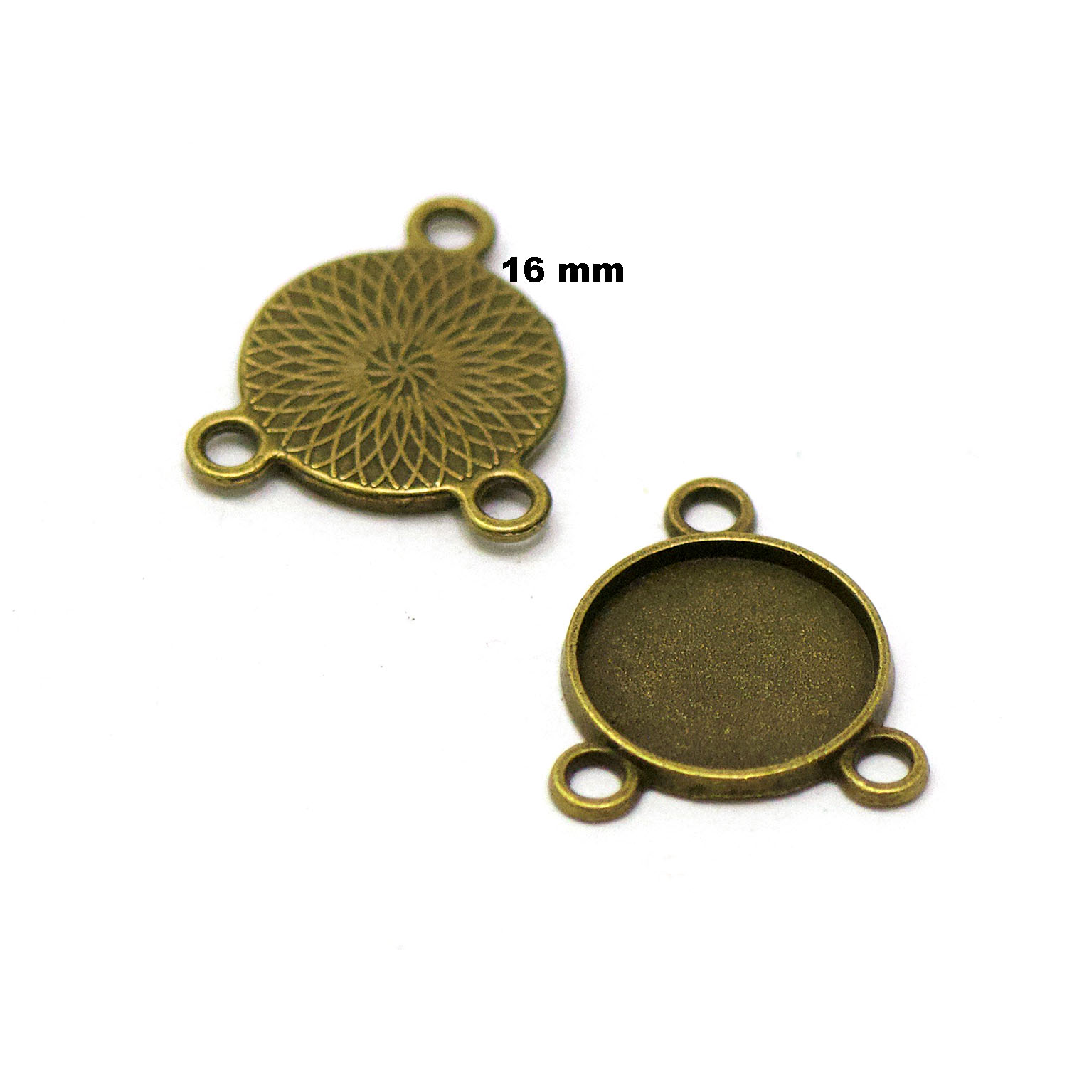 10 connecteurs supports cabochon 3 trous rond 16 mm, bronze