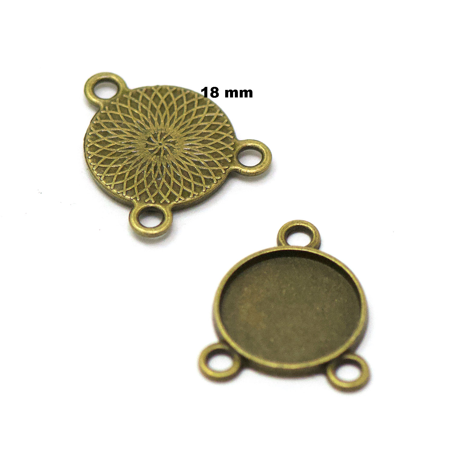10 connecteurs supports cabochon 3 trous rond 18 mm, bronze