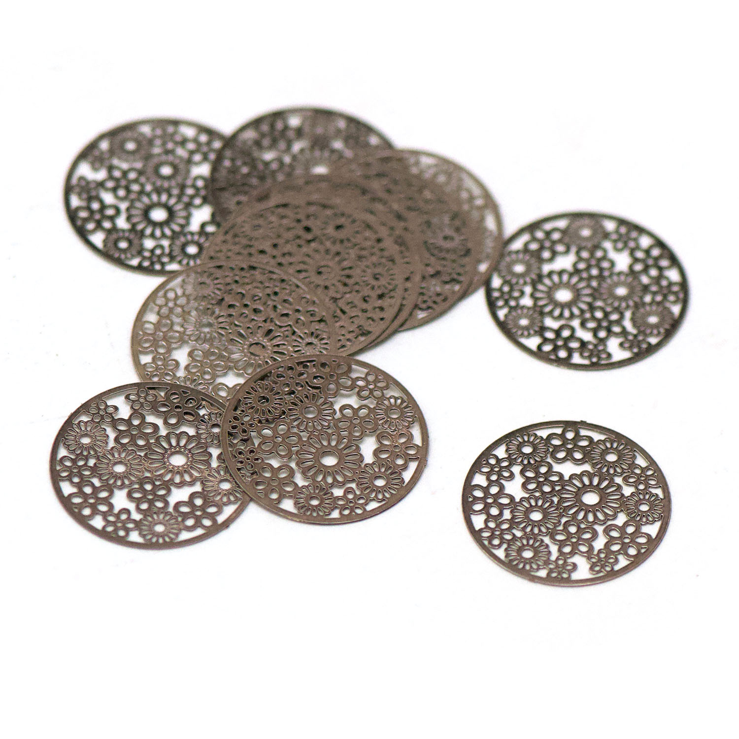 10 estampes/chandeliers filigranes métal petit cercle fleur20 mm, gun-métal
