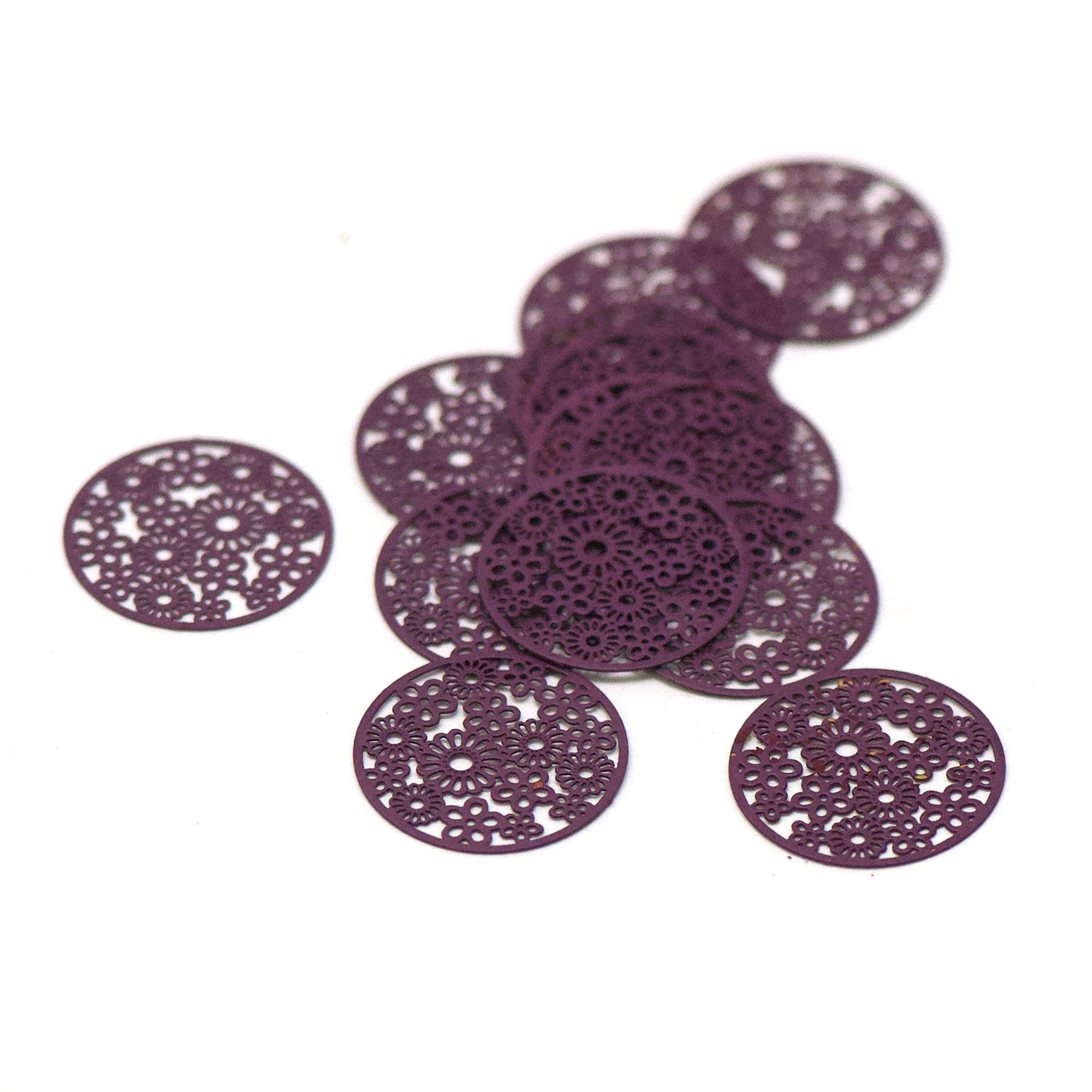 10 estampes/chandeliers filigranes métal petit cercle fleur20 mm, prune