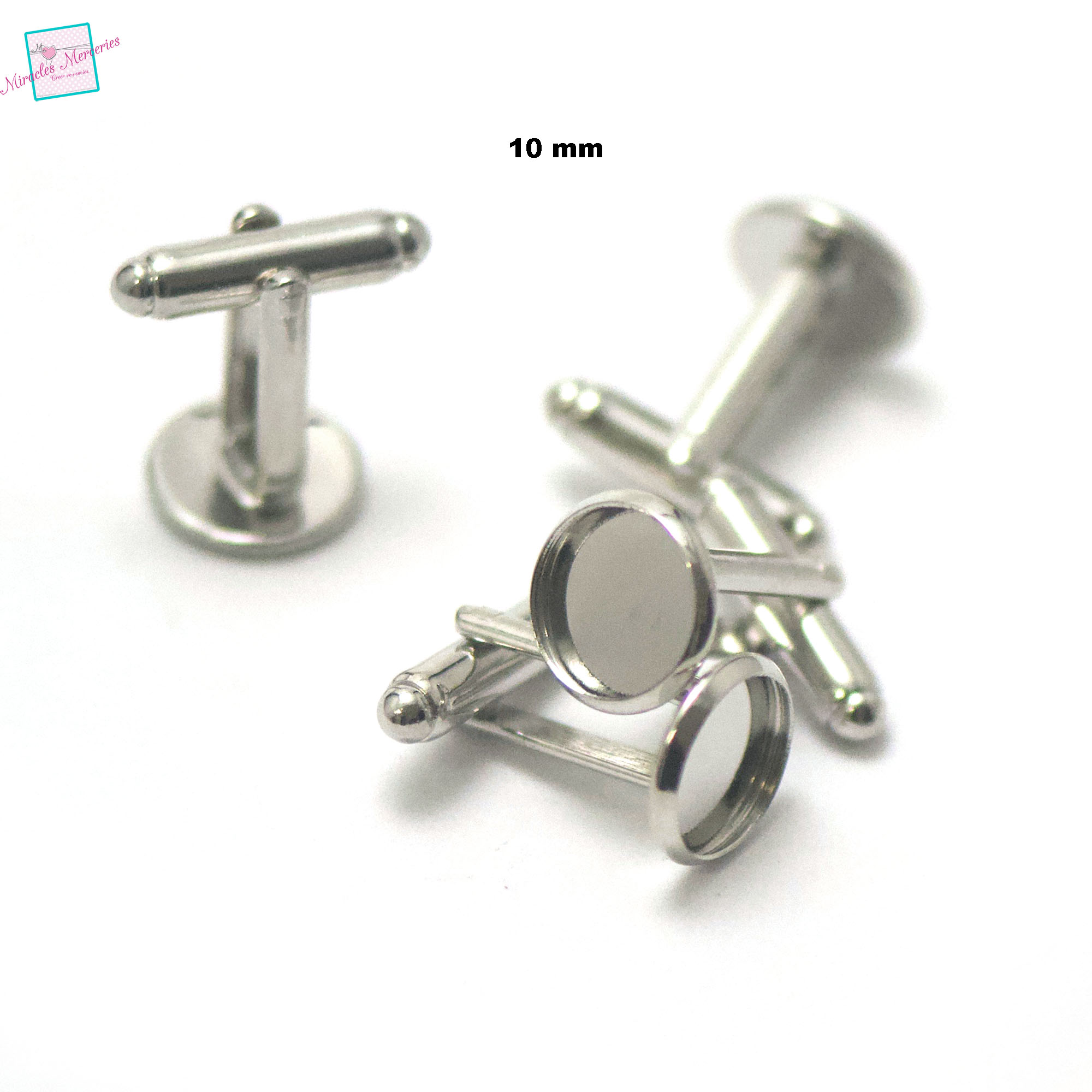 4 boutons de manchette supports cabochon 10 mm, argenté