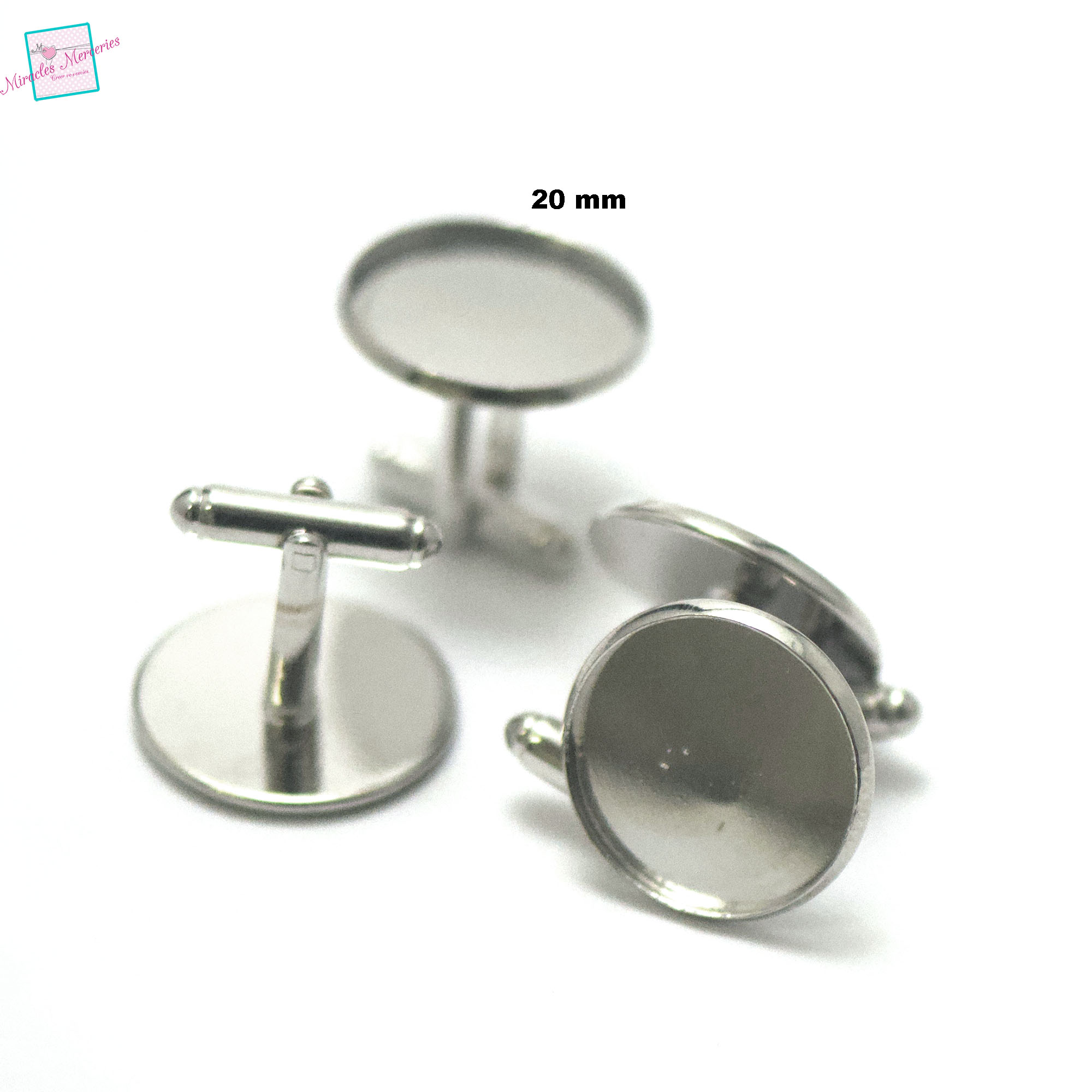 4 boutons de manchette supports cabochon 20 mm, argenté