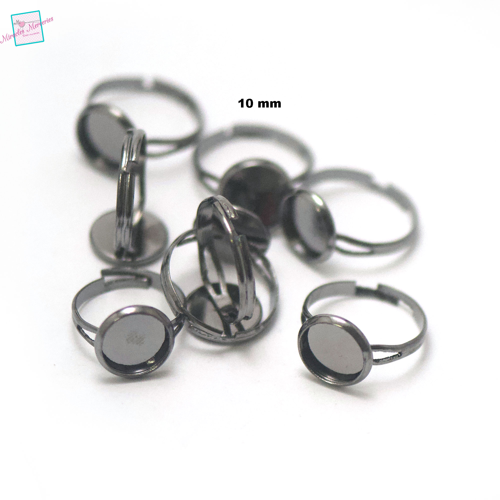 10 supports cabochons bague ronde 10 mm, gun-métal