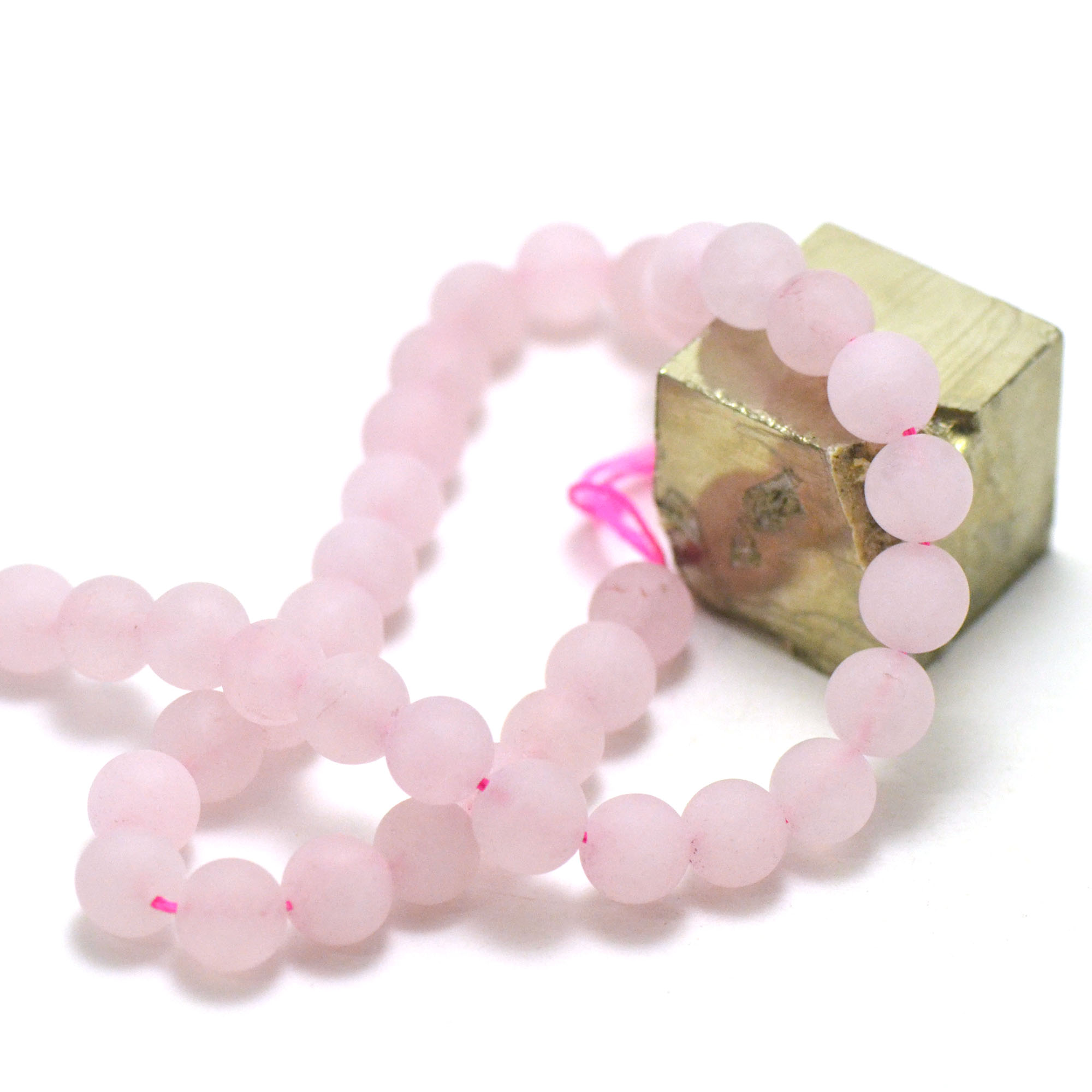 fil de 39 cm perles de quartz rose givré ronde 10 mm, aspect mat glacé