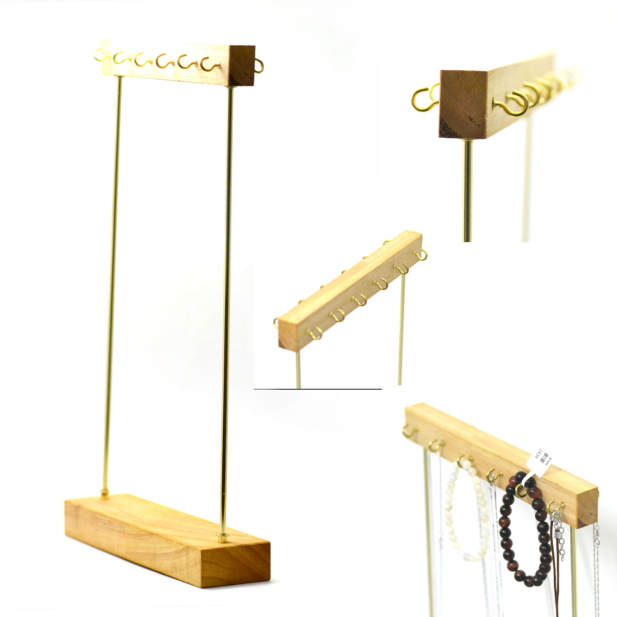 1 présentoir pour collier/bracelet crochet double côté, métal doré/bois clair
