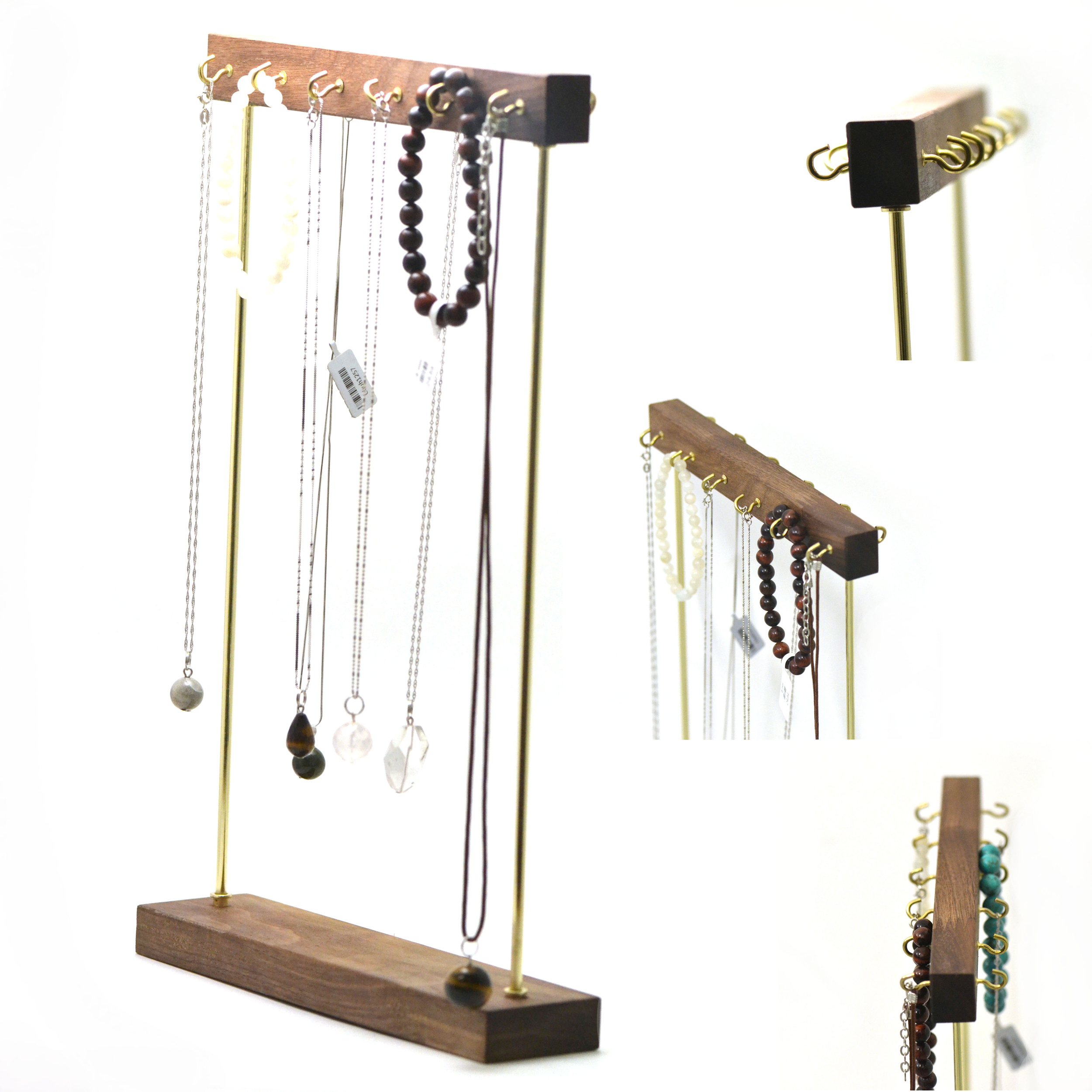 1 présentoir pour collier/bracelet crochet double côté, métal doré/bois foncé