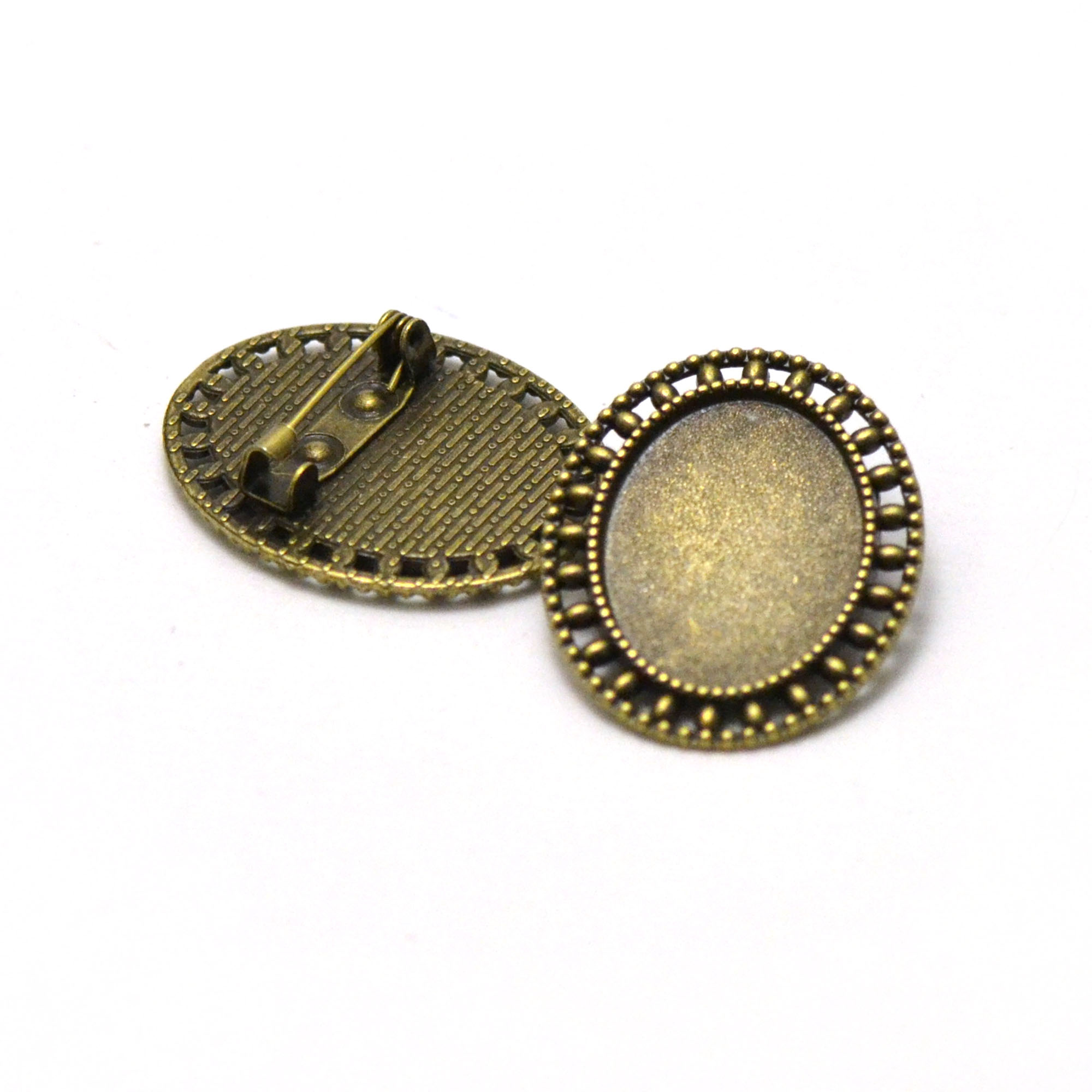 2 broches support cabochon ovale 25x18 mm, bronze 08