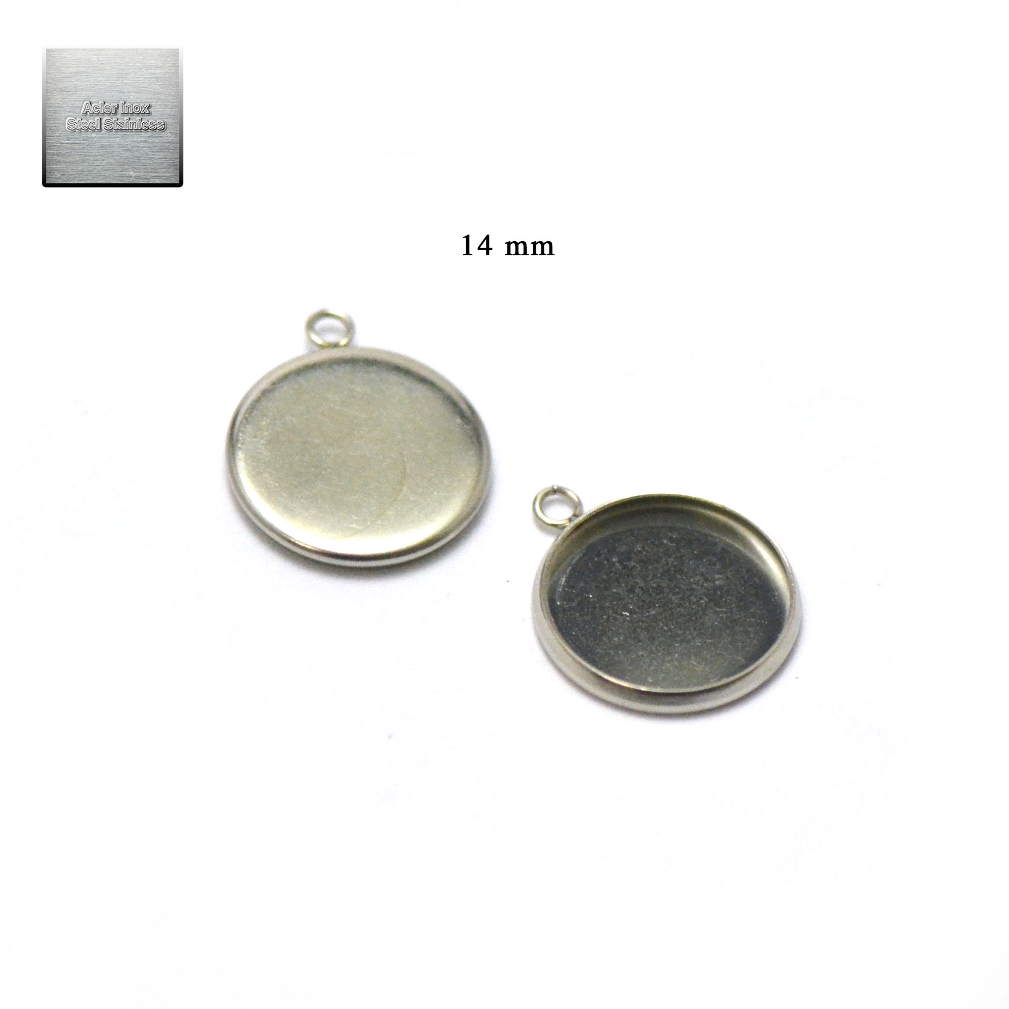 Acier inox: 10 pendentif support cabochon 14 mm, steel stainless